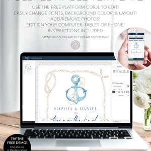 Op de afbeelding: Een laptopscherm waarop een digitale ontwerptemplate voor een huwelijksaankondiging wordt weergegeven. Het ontwerp bevat een blauwe aquarelanker met wit touw en de tekst "Sophia & Daniel are tying the knot".