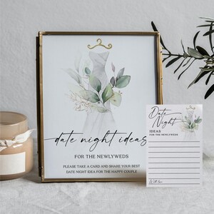 Cartão e placa com ideias para encontros românticos, placa com ideias para encontros românticos, chá de panela moderno, modelo de cartão para encontros românticos, aquarela com folhagens, vestido de noiva