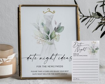 Date Night Ideas Card and Sign, Date Night Ideas Sign, Modern Bridal Shower, Date Night Card Template, Watercolor Greenery, Wedding Dress