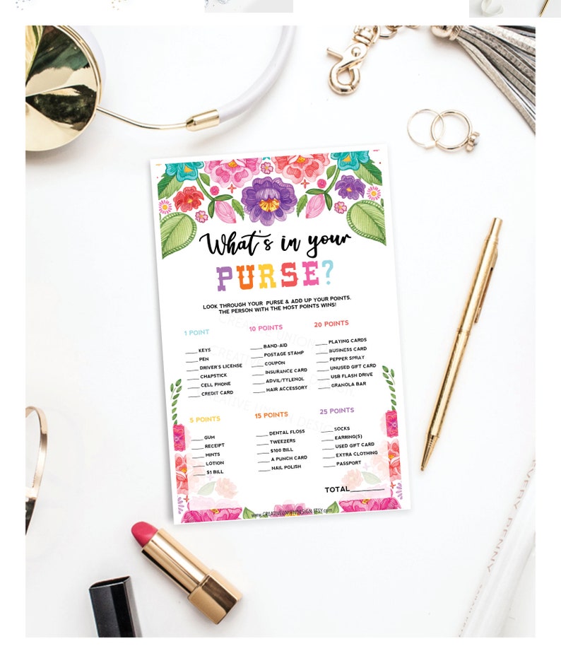 Bridal Shower Game What's in Your Purse Printable Games Etsy