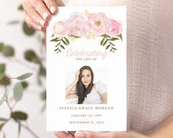 Funeral Program Template, Printable Celebration of Life Program, Editable Obituary, Loving Memory, Instant Download, Pink Peony Floral