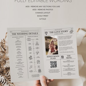 Modèle de programme de mariage journal, programmes de mariage imprimables avec chronologie, infographie, programme plié, modèle modifiable de journal, A4 image 3
