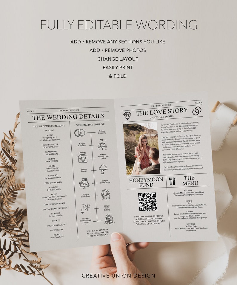 Newspaper Wedding Program Template, Printable Wedding Programs with Timeline, Infographic, Folded Program, Newspaper Editable Template, A4 image 3
