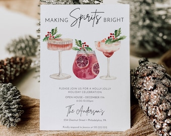 May include: A white rectangular holiday invitation card featuring watercolor illustrations of three cocktails garnished with holly and berries. The text reads: MAKING SPIRITS BRIGHT, PLEASE JOIN US FOR A HOLLY JOLLY HOLIDAY CELEBRATION, OPEN HOUSE, DECEMBER 17th, 6:00-10:00pm, The Anderson's, 234 Chestnut Street, Philadelphia, PA, Kindly respond to Jessica at 555.212.1212.