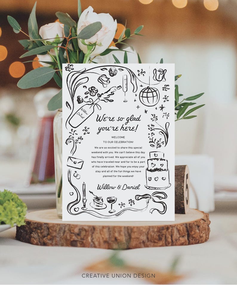 以下が含まれることがあります： 「We're so glad you're here! 」と「Willow & Daniel」のテキストが書かれた、白黒の結婚式用ウェルカムサインのイラスト。イラストには、シャンパングラス、ミラーボール、ケーキ、その他の結婚式に関連するイメージが含まれています。