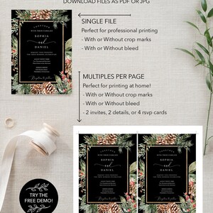 May include: A wedding invitation design with a black background, gold frames, and botanical illustrations. The text includes the names "Sophia and Daniel" and event details. Print options include single file and multiple per page.
