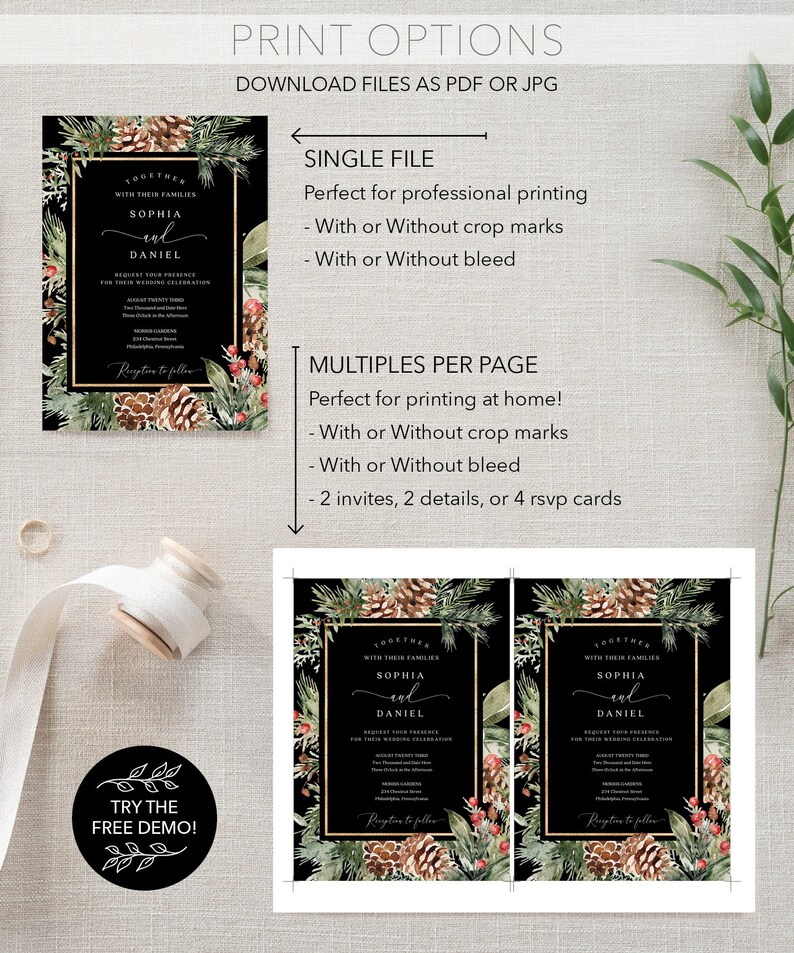 May include: A wedding invitation design with a black background, gold frames, and botanical illustrations. The text includes the names "Sophia and Daniel" and event details. Print options include single file and multiple per page.