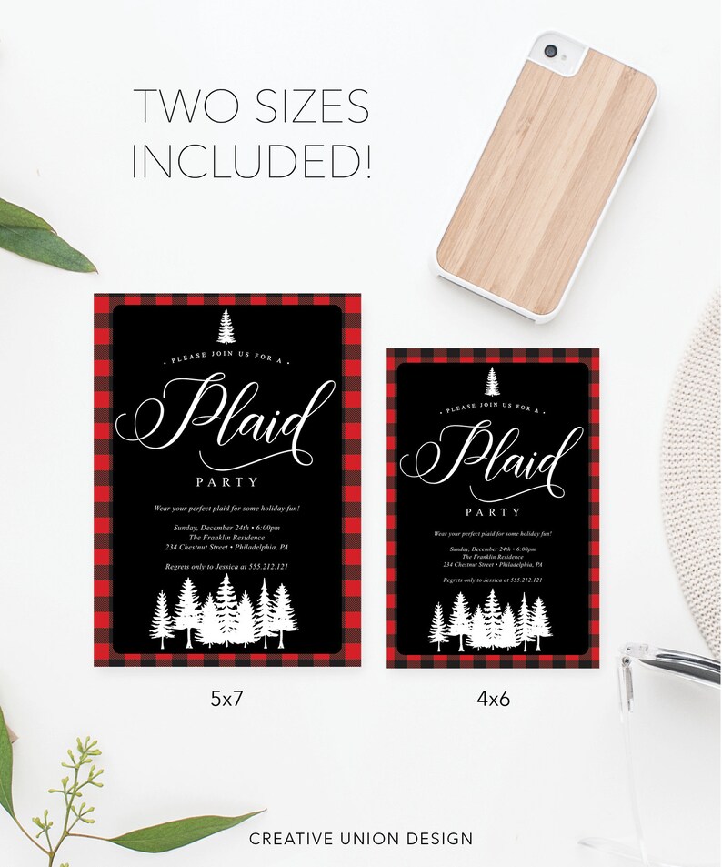 May include: Two plaid party invitations in 5x7 and 4x6 sizes. The invitations have a black background with red and black plaid borders. White text includes "Plaid Party" and event details. A wooden phone case is in the background.