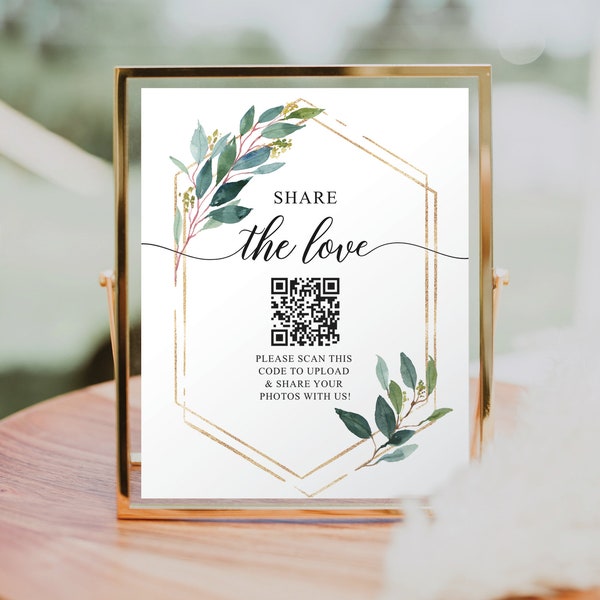 Modèle de plaque de mariage code QR amour, décoration de table de mariage, capturez l'amour, signe code QR, partage de photos, scannez ici, hashtag, verdure