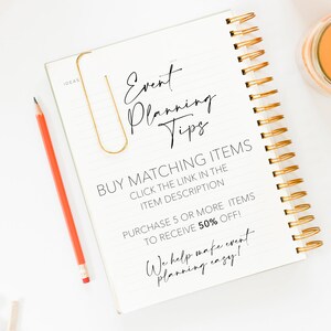 May include: A spiral-bound notebook with gold accents and lined pages. The notebook features the text "Event Planning Tips" and other text. A gold paperclip and a red pencil are also visible.