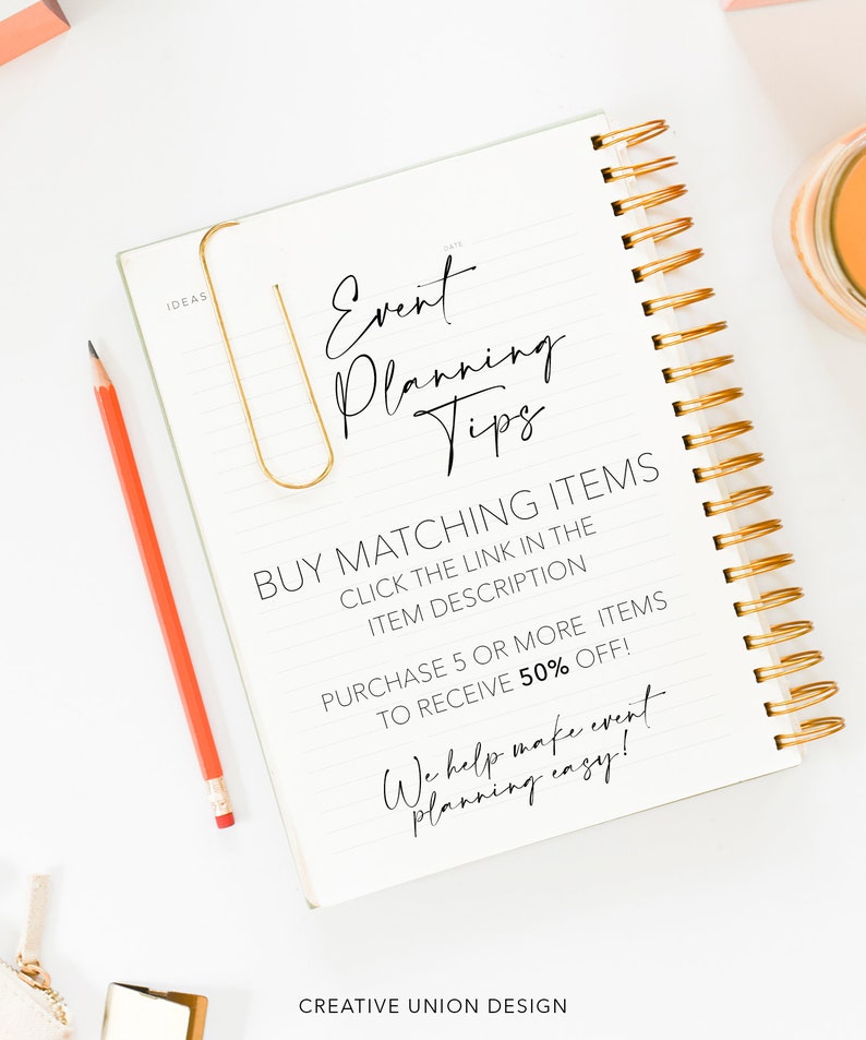 May include: A spiral-bound notebook with gold accents and lined pages. The notebook features the text "Event Planning Tips" and other text. A gold paperclip and a red pencil are also visible.
