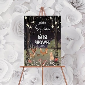 Modello modificabile per cartello di benvenuto per baby shower, benvenuto baby shower, cartello per baby shower nel bosco incantato, decorazioni, animali del bosco, cervi, volpi