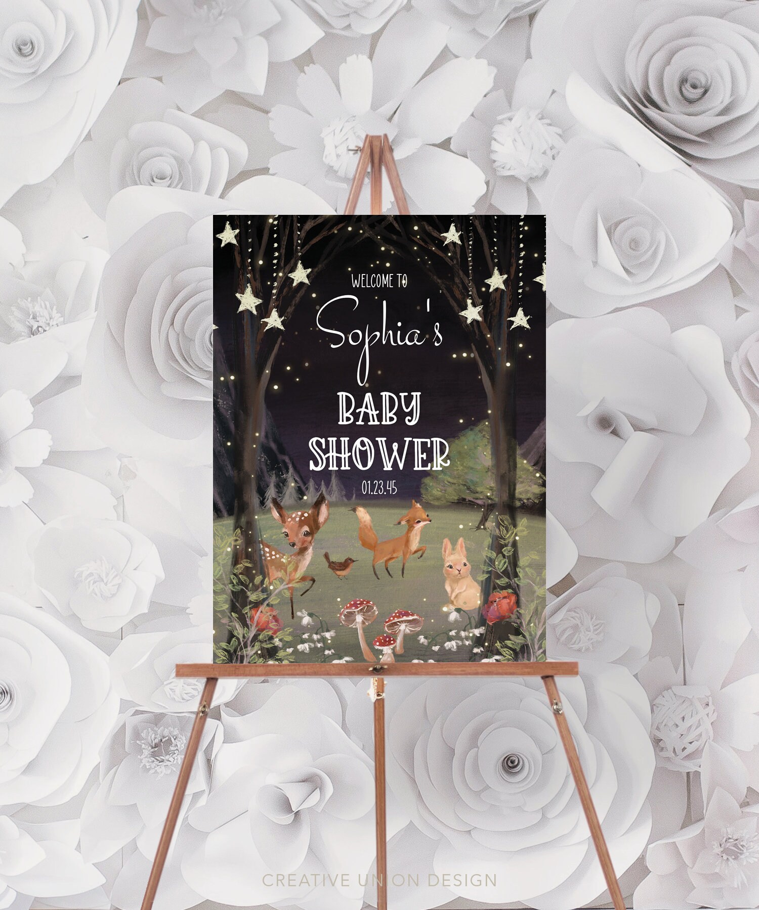 Bewerkbare sjabloon welkomstbord babyshower, welkomstbabyshower, bord Enchanted Woodland babyshower, decor, bosdieren, hert, vos