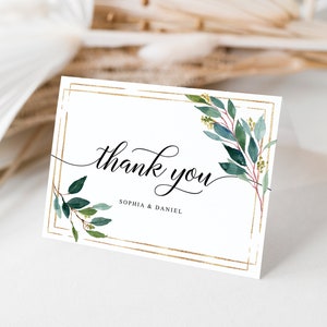 Cartão de agradecimento, Cartão de agradecimento de casamento, Cartão de agradecimento para impressão, Modelo de cartão de agradecimento, Obrigado para chá de panela, Verdes de jardim, Dourado