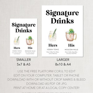 Signature Drink Sign Template, Printable Signature Cocktail Sign, His ...