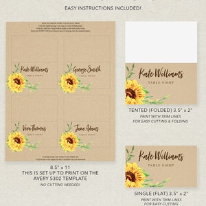 Sunflower Place Card Printable Template, Printable Wedding Place Cards ...