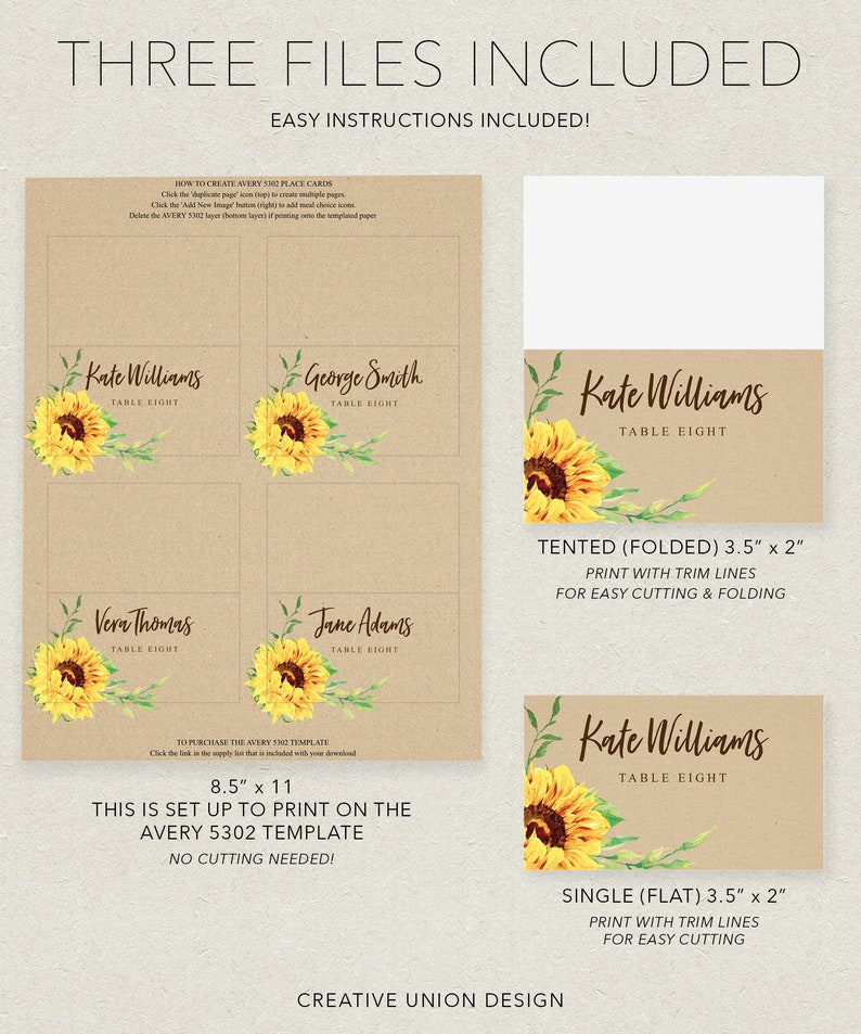 May include: Kraft paper place card templates with sunflower illustrations. The design includes tented and flat cards, each 8.9cm x 5.1cm, and a sheet of four cards. Text includes names, table numbers, and instructions. The template is designed for Avery 5302.