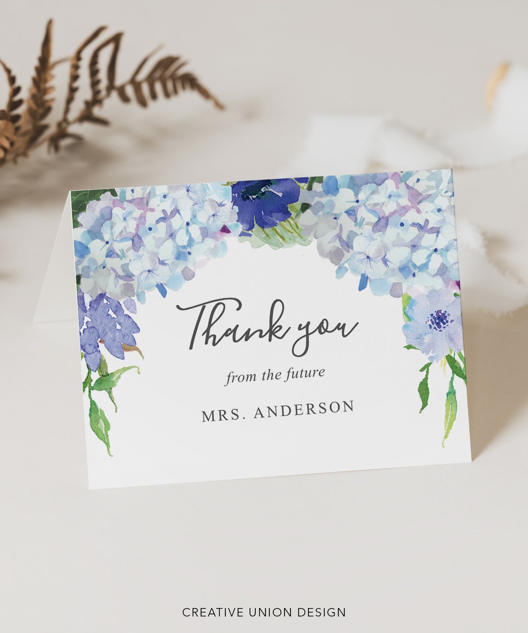 Blue Hydrangea Thank You Card Template, Bridal Shower Thank You Card ...