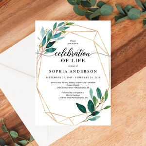Plantilla de invitación para celebrar la vida con vegetación, invitación a un funeral, anuncio de funeral, tarjeta imprimible para celebrar la vida, verduras de jardín