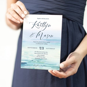 Minimal Beach Wedding Invitations Template, Printable Wedding Invitation Set, Destination Wedding, RSVP Card, Details Card, Modern, Sea image 3