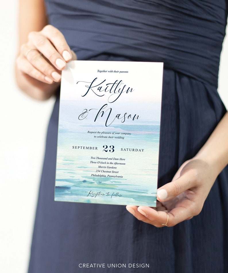 Minimal Beach Wedding Invitations Template, Printable Wedding Invitation Set, Destination Wedding, RSVP Card, Details Card, Modern, Sea image 3