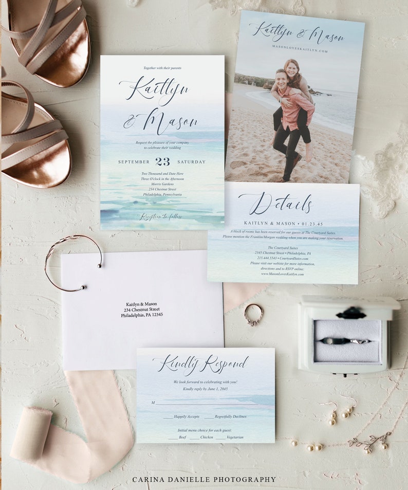 Minimal Beach Wedding Invitations Template, Printable Wedding Invitation Set, Destination Wedding, RSVP Card, Details Card, Modern, Sea image 2