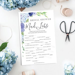 Vintage Blue Hydrangea Bridal Shower Game, Mad Libs,  Bridal Shower Games Printable, Wedding Shower Game, Couples Shower, Bridal Shower Game