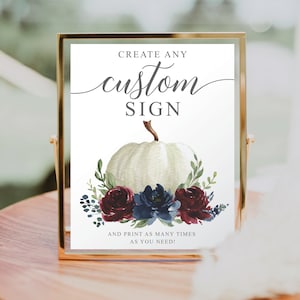 Burgundy Navy Pumpkin Custom Sign Template, Editable Bridal Shower Sign, Favors, Gifts and Cards, Table Signs, Decorations, Fall Wedding