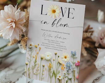 Amour en fleurs, modèle d'invitation de douche nuptiale de fleurs sauvages, invitation de douche nuptiale bohème imprimable, marguerite, fleur colorée, petite fleur sauvage