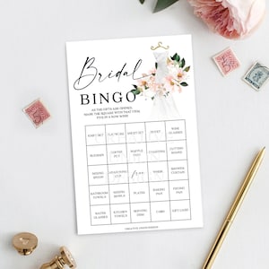 Juego de bingo para despedida de soltera, 60 hojas de juego únicas, juego de despedida de soltera, hortensia ruborizada, bingo para despedida de soltera, descarga instantánea, vestido de novia