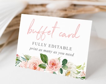 Buffet Food Signs, Printable Food Labels, Tented Cards, Food Stations, Editable Food Cards, Instant Download, Airy Blush, Floral, Garden