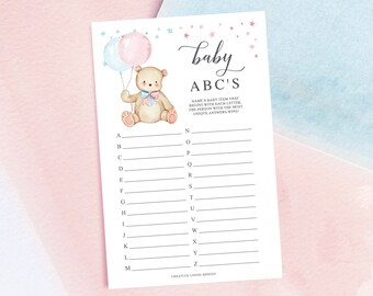 ABC's Baby Shower Game, Gender Reveal Game, Baby ABCs, Printable, Instant Download, Gender Reveal Party, Boy, Girl, Teddy Bear, Bearly Wait