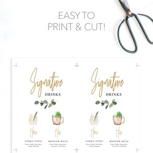 Puede incluir: Se&ntilde;al de boda imprimible con texto dorado que dice "Signature Drinks". La se&ntilde;al presenta dos ilustraciones de c&oacute;cteles, una etiquetada como "His" y la otra como "Hers". La se&ntilde;al incluye los nombres y los ingredientes de los c&oacute;cteles: Vodka Tonic y Moscow Mule.