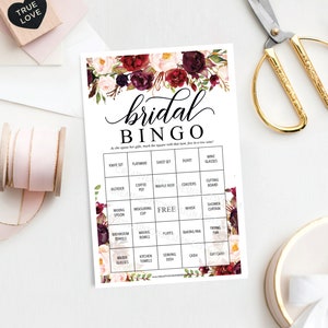 Jeu de bingo pour la douche nuptiale - 76 feuilles de jeu uniques - jeu de douche pour mariage - bingo pour la douche - bingo pour la mariée - téléchargement immédiat - marsala bordeaux