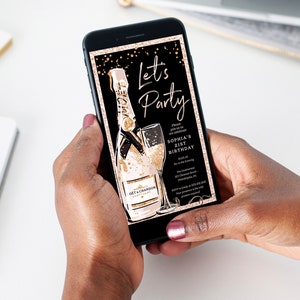 Digital Birthday Party Invitation, Rose Gold Birthday Invite, Electronic Invite, Phone, Text, Editable Template, Champagne, Let&#39;s Party