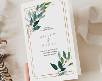 Folded Wedding Program Template, Printable Greenery Wedding Program, Editable Wedding Ceremony Program, Instant Download, Garden Greens, DIY