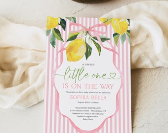 Pink Citrus Baby Shower Invite Template Southern Charm Printable Lemon Baby Shower Invitation Instant Download Preppy Stripes Pink Bow