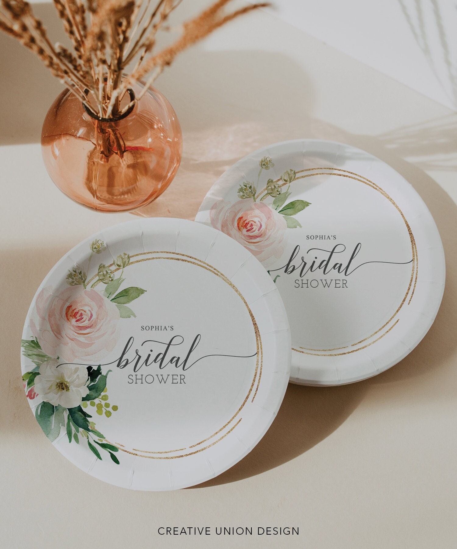 Blush Pink Paper Plates With Gold Scalloped Edge Girly Elegant 