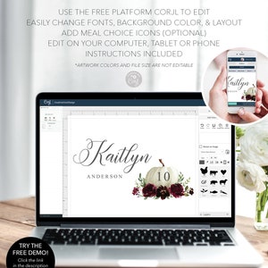 May include: A laptop displays an editable template with the text "Kaitlyn" and "Anderson" above a white pumpkin with the number 10. The design includes burgundy floral accents. The screen also shows meal choice icons.