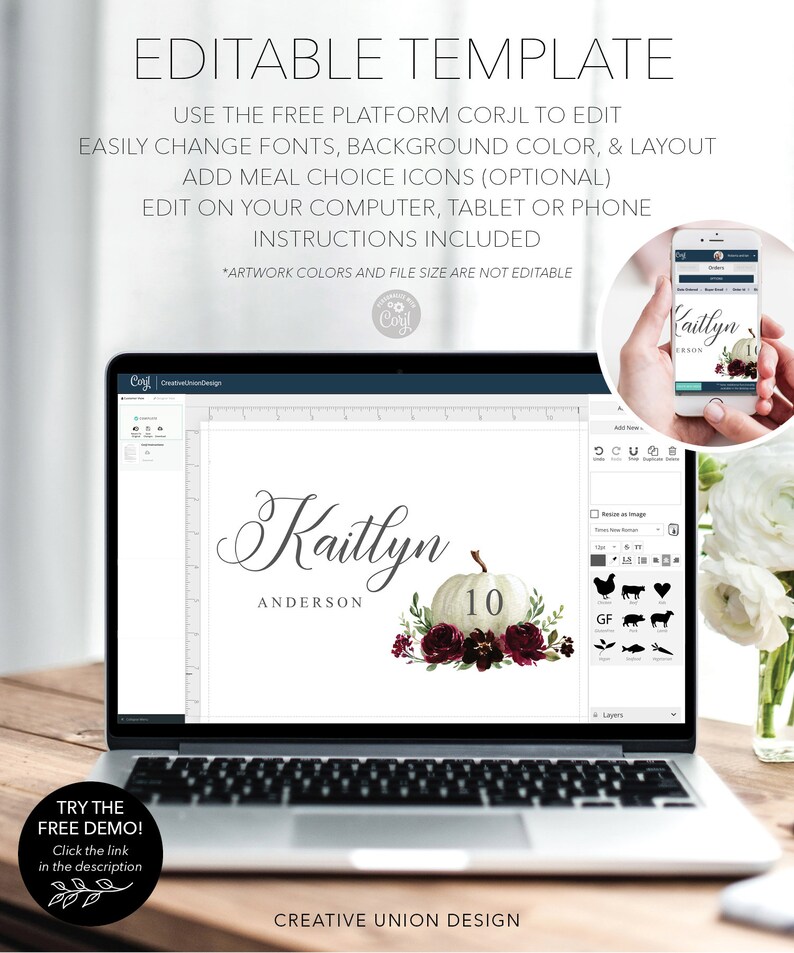 May include: A laptop displays an editable template with the text "Kaitlyn" and "Anderson" above a white pumpkin with the number 10. The design includes burgundy floral accents. The screen also shows meal choice icons.