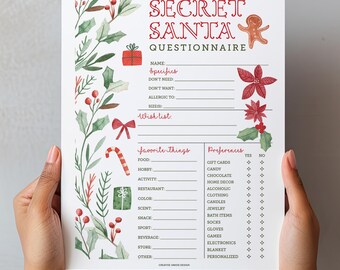 May include: A Secret Santa questionnaire with festive illustrations. The document features a design with text fields for personal details and preferences, including a wishlist and favourite things. The text "*PLEASE NOTE* THIS FILE IS NOT EDITABLE" is also visible.