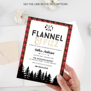 K&ouml;nnte beinhalten: Eine Einladung zu einer Junggesellinnenabschiedsparty mit einem rot-schwarz karierten Rand und goldenen Akzenten. Die Einladung lautet "Flannel & Fizz" mit Veranstaltungsdetails und dem Text "Ben&ouml;tigen Sie Hilfe beim Drucken? Siehe Link in der Beschreibung!"