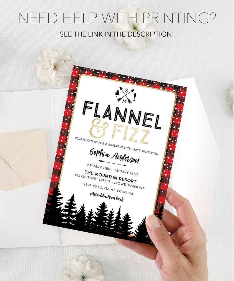 K&ouml;nnte beinhalten: Eine Einladung zu einer Junggesellinnenabschiedsparty mit einem rot-schwarz karierten Rand und goldenen Akzenten. Die Einladung lautet "Flannel & Fizz" mit Veranstaltungsdetails und dem Text "Ben&ouml;tigen Sie Hilfe beim Drucken? Siehe Link in der Beschreibung!"