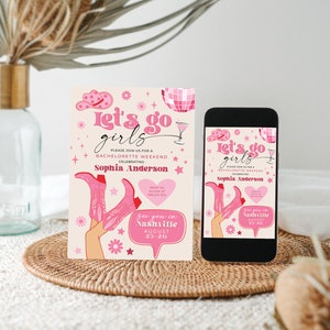 K&ouml;nnte beinhalten: Eine Einladungskarte f&uuml;r ein Bachelorette-Wochenende und ein Smartphone mit demselben Design. Die Grafik zeigt rosa Cowboystiefel, eine Discokugel, einen Cowboyhut sowie den Text Let's go girls, Sophia Anderson und See you in Nashville August 23-26.