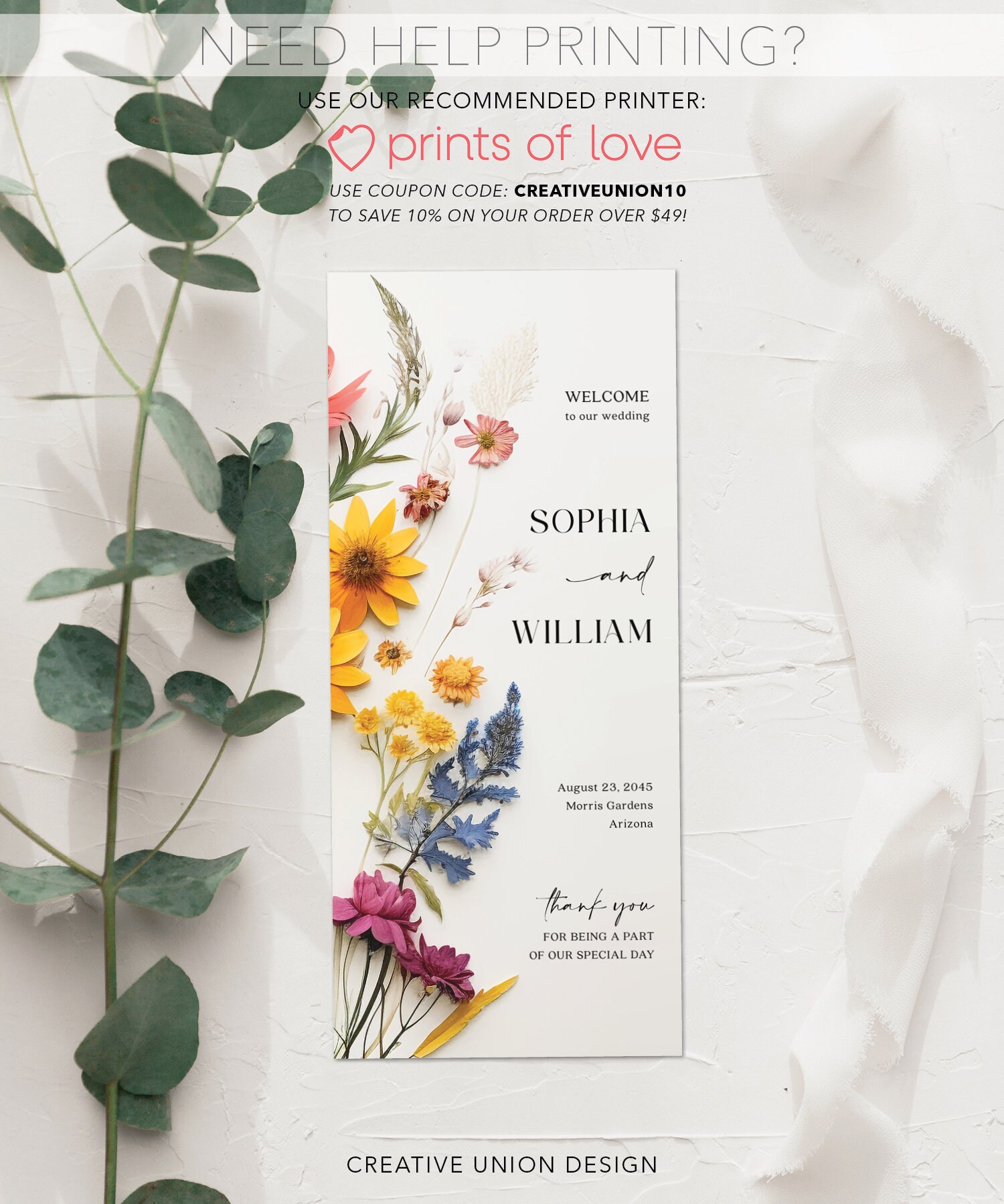 Wildflower Wedding Programs Template, Printable Wedding Program, 4x9 ...