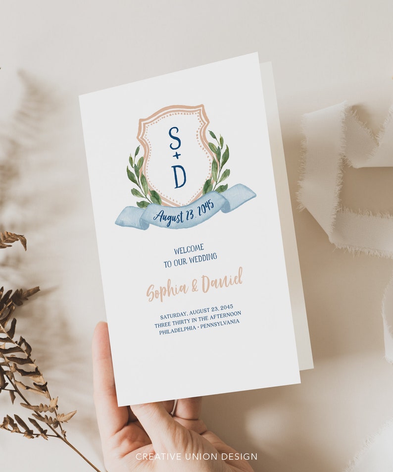 Folded Wedding Program Template, Printable Wedding Program, Editable Wedding Ceremony Program, Instant Download, Watercolor Crest, Painted image 5