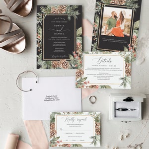 May include: Wedding stationery set with a black invitation, gold borders, and a pinecone and foliage design. Includes RSVP, details, and photo cards. Also shown are bridal shoes, jewellery, and an envelope.