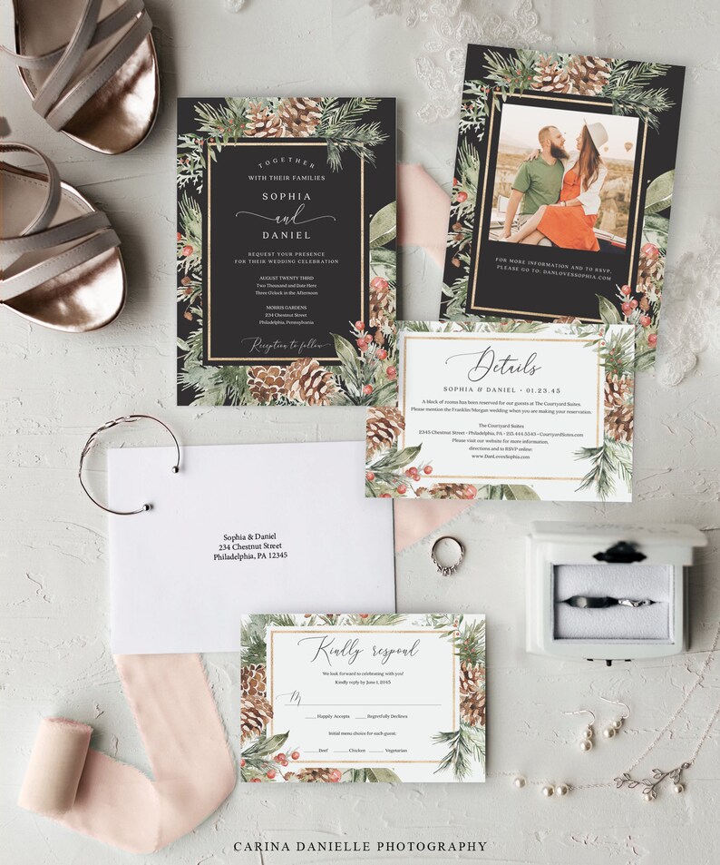 May include: Wedding stationery set with a black invitation, gold borders, and a pinecone and foliage design. Includes RSVP, details, and photo cards. Also shown are bridal shoes, jewellery, and an envelope.