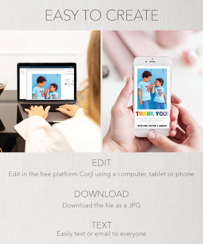 May include: A laptop and smartphone displaying a birthday thank you card template. The card features two children in blue shirts. Text on the card reads "THANK YOU!" and "WITH LOVE, PEYTON & CHARLIE". Instructions for editing, downloading, and texting are also shown.