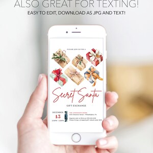 May include: A digital invitation displayed on a smartphone screen featuring watercolor illustrations of six wrapped gift boxes. The text reads: ALSO GREAT FOR TEXTING! EASY TO EDIT, DOWNLOAD AS JPG AND TEXT! PLEASE JOIN US FOR A Secret Santa GIFT EXCHANGE DECEMBER 15 2:30PM - 4:30PM THE ANDERSON'S HOME 235 Chestnut Street - Philadelphia, PA Regrets only to Olivia at 555.212.1212 Please bring a wrapped gift valued under $30.